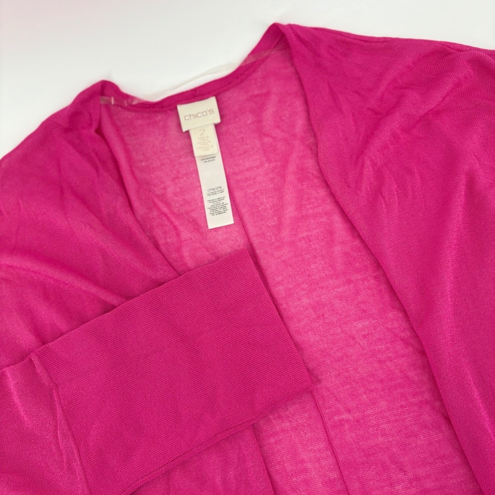 Chicos Barbie Pink Open Front Cardigan Lightweight Sheer Knit Kimono Wrap Size 2